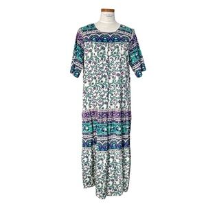 Vermont Country Store All Cotton Floral Tiered Ankle-Length Muumuu SzL Pockets